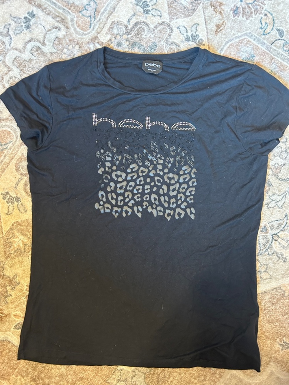 bebe Black Leopard Print Logo Short Sleeve Tee